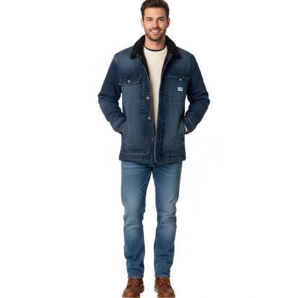 LEE Workwear Blue Denim Chore Coat Jean Barn Jacket Sherpa Line Size Medium